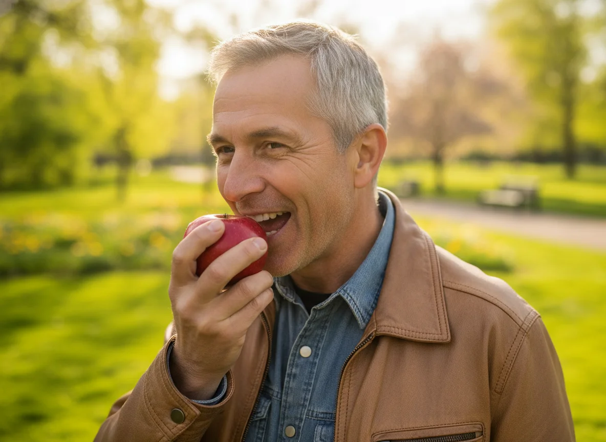 A man eating an apple outdoors