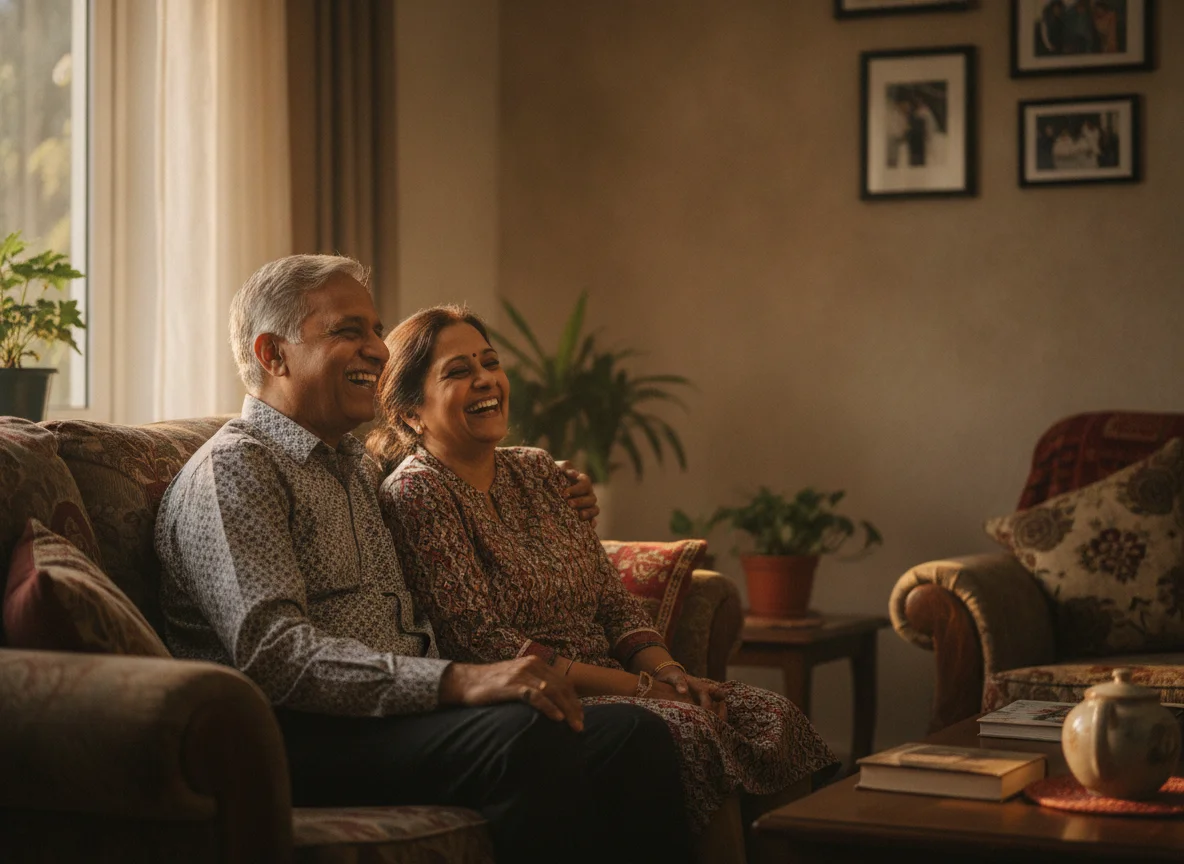 An older couple sitting together at home